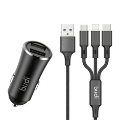 Budi 2x USB autós töltő + 3 az 1-ben kábel fekete (627T3) (627T3)