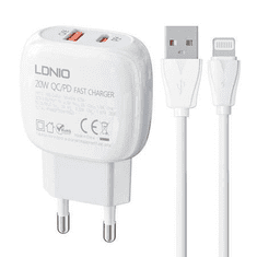LDNIO A2313C USB-A + USB-C hálózati töltő 20W + USB-A - Lightning kábel fehér (A2313C Lightning)