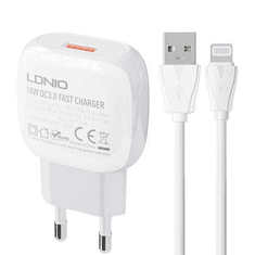 LDNIO A1307Q USB-A hálózati töltő 18W + Lightning kábel fehér (A1307Q Lightning)