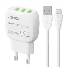 LDNIO A2522C 3xUSB-A hálózati töltő 30W + USB-C kábel fehér (A3315 Lightning)