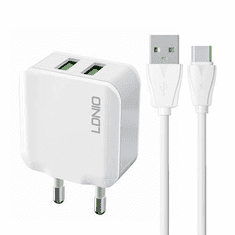 LDNIO A2201 2xUSB-A hálózati töltő + USB-C kábel fehér (A2201 Type C)