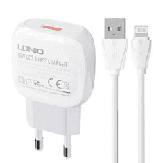 LDNIO A1306Q USB-A hálózati töltő 18W + Lightning kábel fehér (A1306Q Lightning)