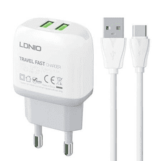 LDNIO A2219 2xUSB-A hálózati töltő + USB-A-USB-C kábel fehér (A2219 Type C)
