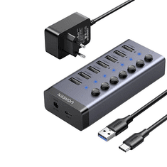 Ugreen 7 az 1-ben adapter Hub USB-C 7x USB-A 3.0 12V 2A fekete (90307) (UG90307)