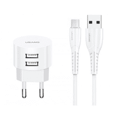 USAMS XTXLOGT18MC05 dupla USB portos hálózati töltő 100cm-es microUSB kábellel fehér (XTXLOGT18MC05)
