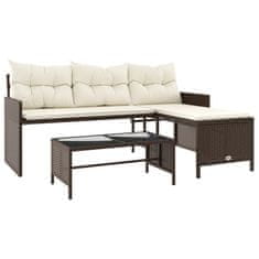Vidaxl L-alakú barna polyrattan kerti kanapé asztallal és párnákkal 365573