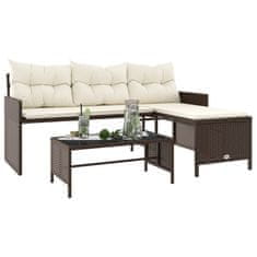 Vidaxl L-alakú barna polyrattan kerti kanapé asztallal és párnákkal 365573