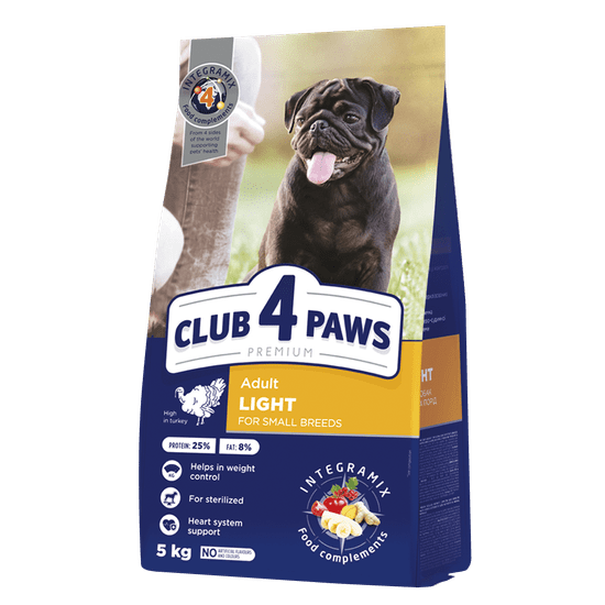 Club4Paws Premium "Light" teljes értékű szárazeledel felnőtt, kistestű, sterilizált vagy túlsúlyra hajlamos kutyáknak, magas pulykatartalommal 5 kg