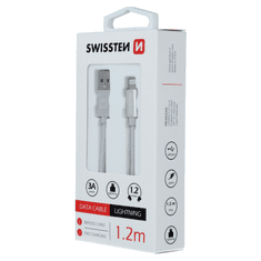 SWISSTEN 71523203 Textile USB Type-A apa - Lightning apa Adat és töltő kábel - Fehér/Ezüst (1.2m) (SW-QU-LIGH-3A-1.2M-SI)