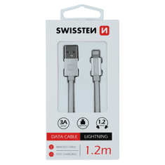 SWISSTEN 71523203 Textile USB Type-A apa - Lightning apa Adat és töltő kábel - Fehér/Ezüst (1.2m) (SW-QU-LIGH-3A-1.2M-SI)
