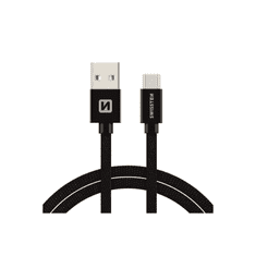 SWISSTEN 71521301 Textile USB Type-A apa - USB Type-C apa Adat és töltő kábel - Fekete (2m) (SW-QU-TYPC-3.1-2M-BK)