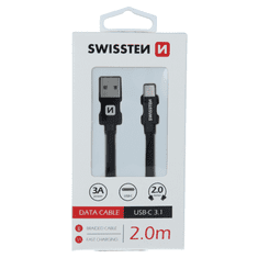 SWISSTEN 71521301 Textile USB Type-A apa - USB Type-C apa Adat és töltő kábel - Fekete (2m) (SW-QU-TYPC-3.1-2M-BK)