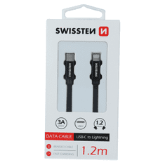 SWISSTEN 71525201 Textile USB Type-C apa - Lightning apa Adat és töltő kábel - Fekete (1.2m) (SW-QU-LIGHUSBC-1.2M-B)