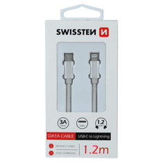 SWISSTEN 71525203 Textile USB Type-C apa - Lightning apa Adat és töltő kábel - Fehér/Ezüst (1.2m) (SW-QU-LIGHUSBC-1.2M-S)