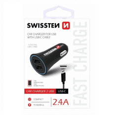 SWISSTEN 20110908 2x USB Type-A 12-24V Autós Töltő + 1.2m USB Type-C kábel - Fekete (5V / 2.4A) (SW-CCH-2.4ATYPC-B)
