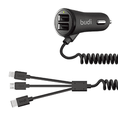 Budi 068T3 2x USB-A / Micro USB / USB-C / Lightning Autós töltő - Fekete (17W) (068T3)