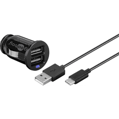 Goobay Autós 2xUSB töltő 2.4A + USB - USB-C töltőkábel - Fekete (58820)