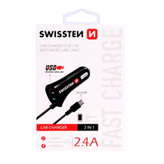 SWISSTEN 20111000 USB Type-A 12-24V Autós Töltő + Micro USB Type-B kábel - Fekete (5V / 2.4A) (SW-CCH-DU2.4A-B)