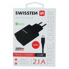 SWISSTEN 22054000 2x USB Type-A Smart IC Hálózati töltő + 1.2m USB Type-C kábel - Fekete (5V / 2.1A) (SW-SET-2X2.1AWCUC-BK)