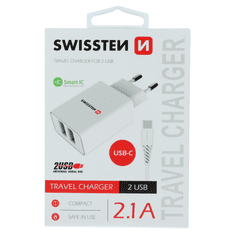 SWISSTEN 22053000 2x USB Type-A Smart IC Hálózati töltő + 1.2m USB Type-C kábel - Fehér (5V / 2.1A) (SW-SET-2X2.1AWCUC-WH)
