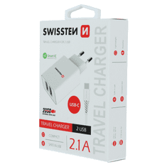 SWISSTEN 22053000 2x USB Type-A Smart IC Hálózati töltő + 1.2m USB Type-C kábel - Fehér (5V / 2.1A) (SW-SET-2X2.1AWCUC-WH)