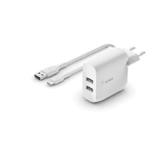 Belkin Hálózati 2xUSB-A töltő 24W + USB-A - USB-C töltőkábel 1m - Fehér (WCE001VF1MWH)
