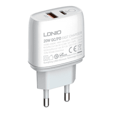 LDNIO A2424C USB-C / USB-A Hálózati töltő + Lightning kábel - Fehér (20W) (A2424C TYPE C TO LIG)