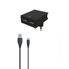 SWISSTEN 22048000 2x USB Type-A Hálózati töltő + 1.2m Lightning kábel - Fekete (5V / 3A) (SW-DET-3AWCL-B)