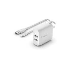 Belkin Boost Charge Dual USB-A Hálózati töltő + USB-A apa - Lightning apa töltőkábel - Fehér (24W) (WCD001VF1MWH)