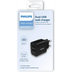 PHILIPS dual 2x USB-A Hálózati töltő - Fekete (17W / 2.4A) (DLP2620/12)