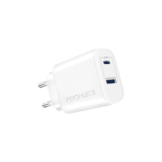 Promate BiPlug-2 USB-C / USB-A Hálózati töltő - Fehér (17W) (BIPLUG-2.EU-WT)