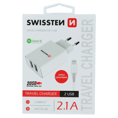 SWISSTEN 22057000 2x USB Type-A Smart IC Hálózati töltő + 1.2m Lightning kábel - Fehér (5V / 2.1A) (SW-SET-2X2.1AWCLIH-WH)