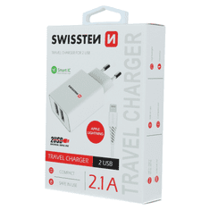 SWISSTEN 22057000 2x USB Type-A Smart IC Hálózati töltő + 1.2m Lightning kábel - Fehér (5V / 2.1A) (SW-SET-2X2.1AWCLIH-WH)