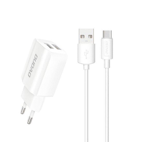 DUDAO A2EU 2x USB-A Hálózati töltő + USB-C kábel - Fehér (5V / 2.4A) (DUA2EUWHC)