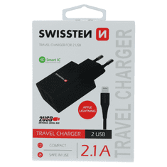 SWISSTEN 22058000 2x USB Type-A Smart IC Hálózati töltő + 1.2m Lightning kábel - Fekete (5V / 2.1A) (SW-SET-2X2.1AWCLIH-BK)