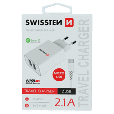 SWISSTEN 22051000 2x USB Type-A Smart IC Hálózati töltő + 1.2m Micro USB Type-B kábel - Fehér (5V / 2.1A) (SW-SET-2X2.1AWCM-WH)