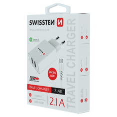 SWISSTEN 22051000 2x USB Type-A Smart IC Hálózati töltő + 1.2m Micro USB Type-B kábel - Fehér (5V / 2.1A) (SW-SET-2X2.1AWCM-WH)