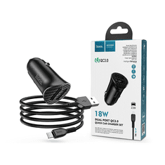 Hoco 2xUSB szivargyújtó töltő adapter + USB - Lightning kábel 1 m-es vezetékkel - Z39 Dual Port QC3.0 Quick Car Charger Set - 18W - fekete (HOC0180)