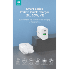 Devia hálózati töltő adapter Type-C + USB bemenettel - 20W - Smart Series PD3.0 + QC3.0 Quick Charger V2 - fehér (ST385247)
