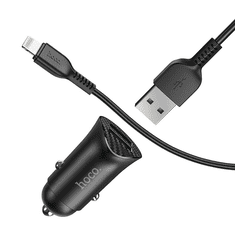 Hoco 2xUSB szivargyújtó töltő adapter + USB - Lightning kábel 1 m-es vezetékkel - Z39 Dual Port QC3.0 Quick Car Charger Set - 18W - fekete (HOC0180)