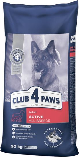 Club4Paws Premium "Active" Teljes értékű szárazeledel aktív felnőtt kutyáknak, minden fajta számára 20 kg