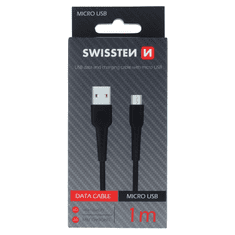SWISSTEN 71505520 USB Type-A apa - USB Type-C apa Adat és töltő kábel - Fekete (1m) (SW-BA-MIC-3A-1M-BK)