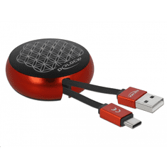 DELOCK USB 2.0-A apa - USB-C 2.0-C apa Adat- és töltőkábel tokba visszahúzható - Fekete/Piros (85819)