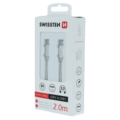 SWISSTEN 71528202 Textile USB Type-C apa - USB Type-C apa Adat és töltő kábel - Fehér/Ezüst (2m) (71528202)