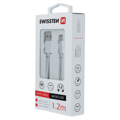 SWISSTEN 71522203 Textile USB Type-A apa - Micro USB Type-B apa Adat és töltő kábel - Fehér/Ezüst (1.2m) (SW-QU-MICR-USB-1.2M-SI)
