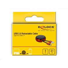 DELOCK USB 2.0-A apa - USB-C 2.0-C apa Adat- és töltőkábel tokba visszahúzható - Fekete/Piros (85819)