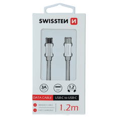 SWISSTEN 71527203 Textile USB Type-C apa - USB Type-C apa Adat és töltő kábel - Fehér/Ezüst (1.2m) (SWI-QU-TYPC-TYPC-SI)