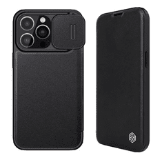 Nillkin Apple iPhone 15, Oldalra nyíló tok, kamera védelem, Qin Pro Plain Leather Cloth, fekete (RS148294)