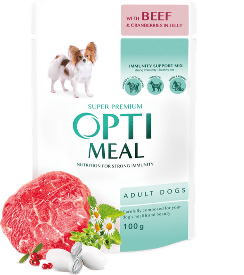 OptiMeal nedves kutyatáp marhahússal és áfonyaszósszal 12x100g