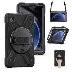 TokShop Samsung Galaxy Tab A9 (8.7) SM-X110 / X115, Műanyag hátlap védőtok, szilikon belső, kitámasztóval, kézpánt, vállpánt, Defender, fekete (RS150480)